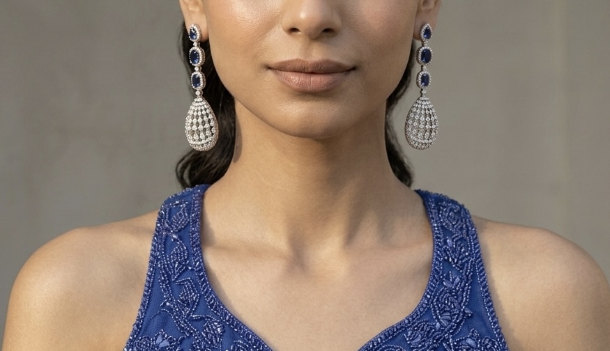 [E-DA-R-BL-007] Royal Blue Teardrop Cz earrings
