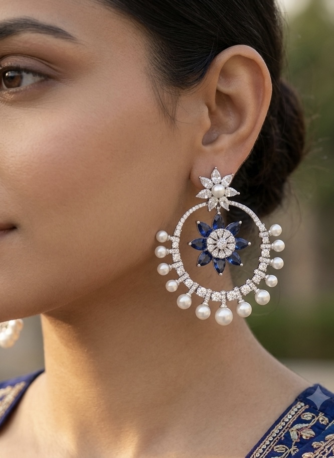 [E-CB-R-BL-009] Celestial Sapphire Pearl Halo Chandbalis