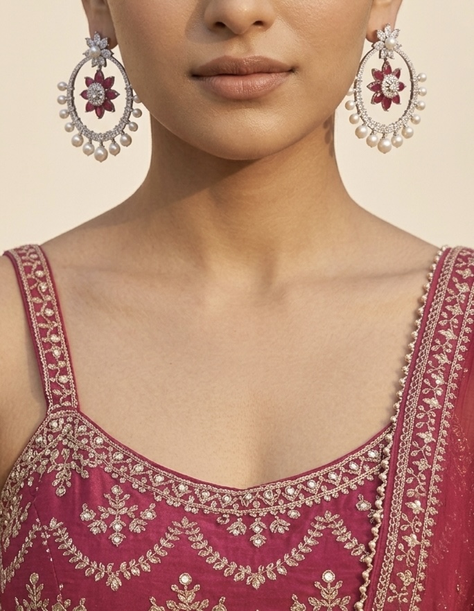 [E-CB-R-RB-009A] Ruby and Pearl Halo Chandbalis