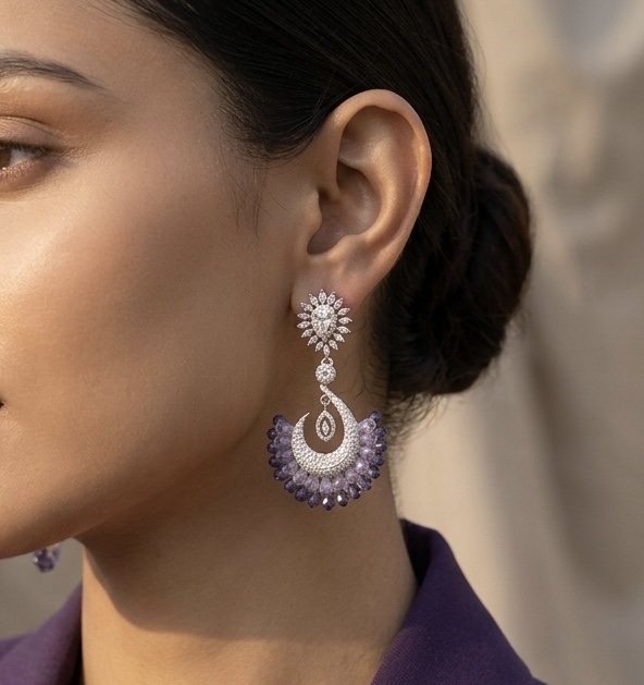 [E-CB-R-CS-PR-016] Lavender Twilight Crystal Chandbali Earrings