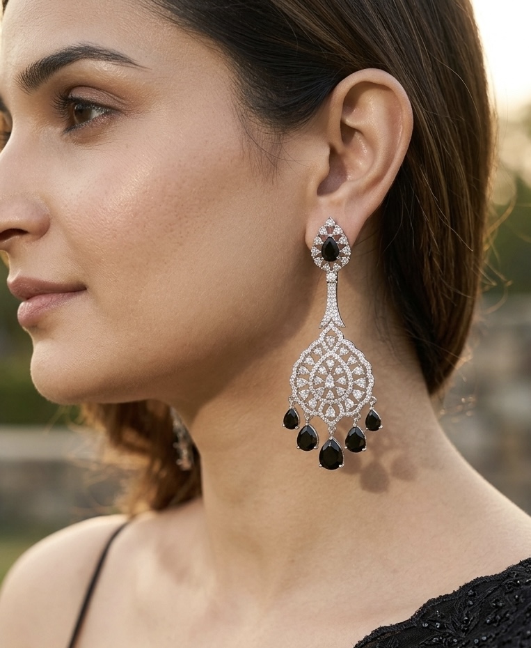 [E-DA-R-BLK-017] Midnight Noir Regal Chandelier Earrings