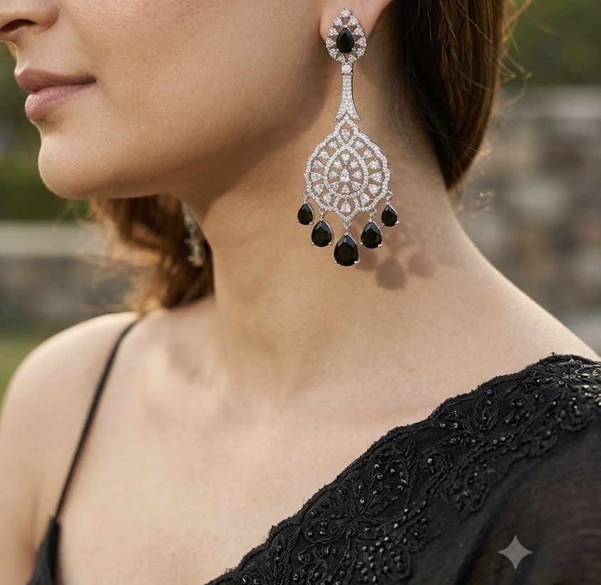 [E-DA-R-BLK-017] Midnight Noir Regal Chandelier Earrings