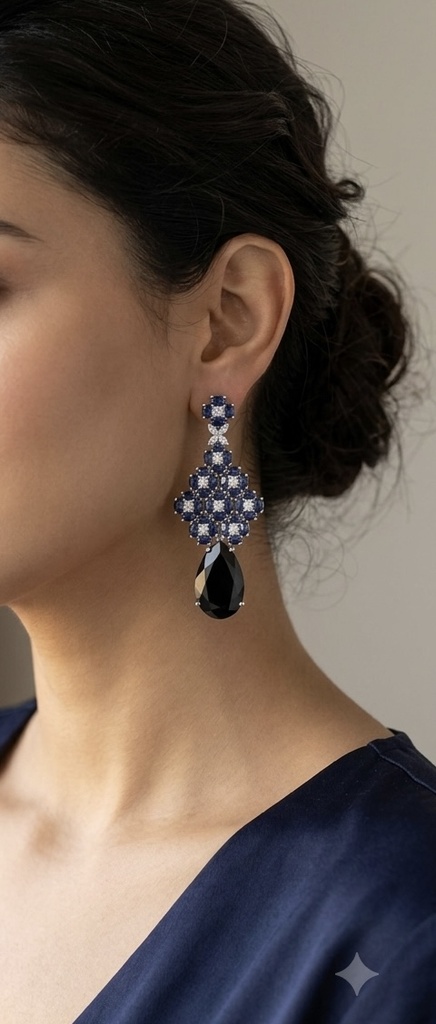 [E-DA-R-BL-019] Midnight Sapphire Cascade Statement Earrings