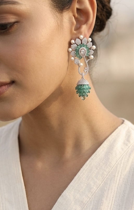 [E-CB-R-CS-GR-021] Seafoam Pearl Bloom Jhumka Earrings