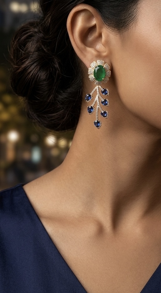 [E-DA-RG-BLGR-030] Celestial Emerald and Sapphire Fan Drop Earrings