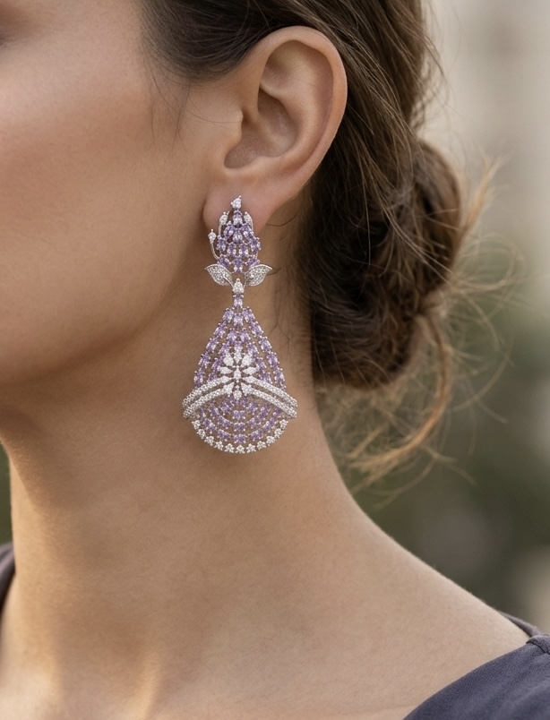[E-DA-R-RB-034] Twilight Orchid Tear Dome Statement Earrings
