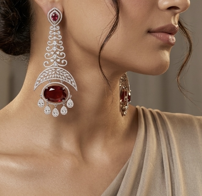 [E-PR-DA-R-RB-050] Ruby Vine Crescent Royale Earrings