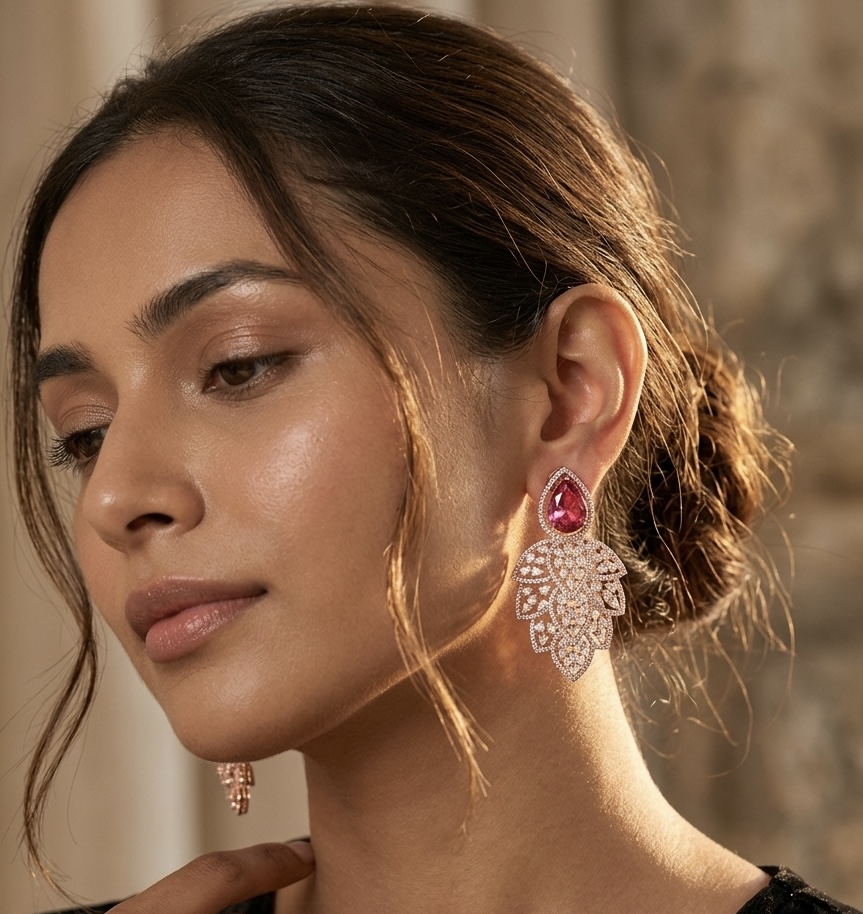 [E-PR-DA-RG-PK-070] Autumn Gilded Bloom Marquise Drop Earrings