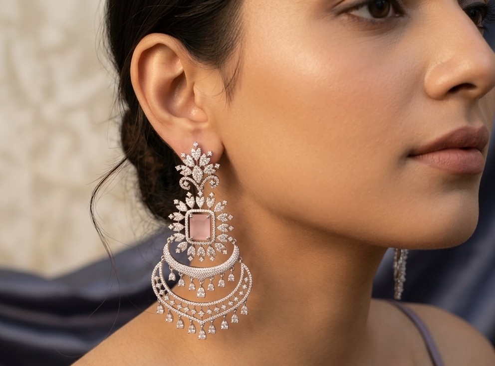 [E-PR-DA-R-PK-071] Blush Petal Halo Grand Chandelier Earrings