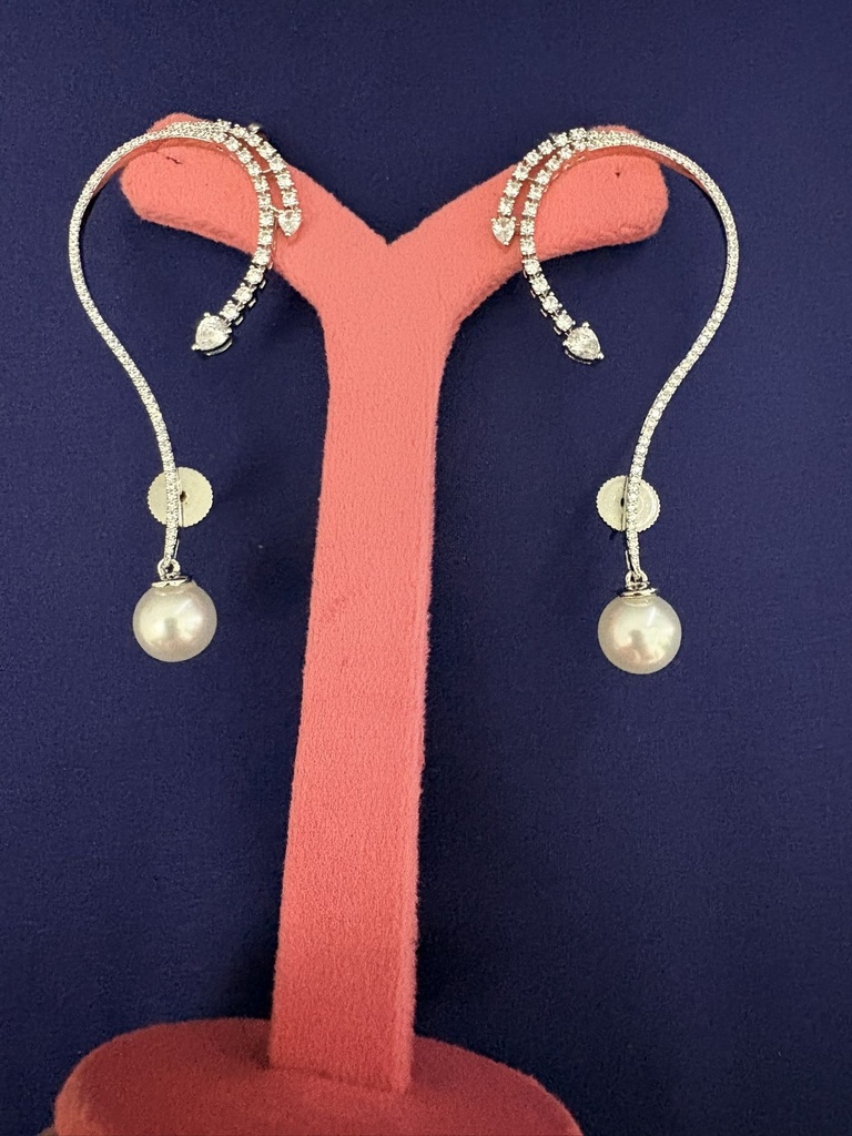 [E-EC-R-WT-073] Pavé Ribbon & Luminous Pearl Drop Ear Climbers