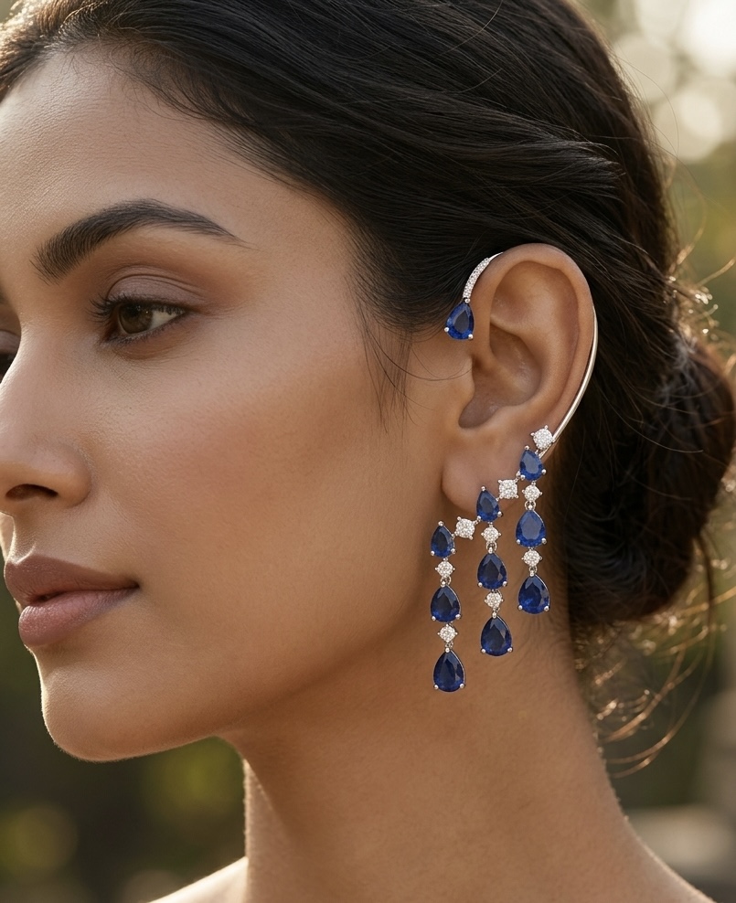 [E-EC-R-BL-075] Royal Sapphire Cascade Waterfall Ear Wrap