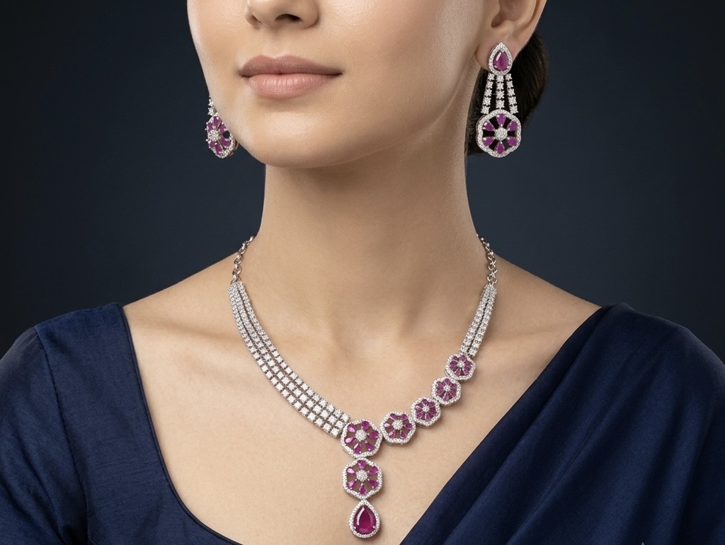 [N-PR-R-RB-170] Florentine Ruby Bloom & Halo Pear Drop Choker Set