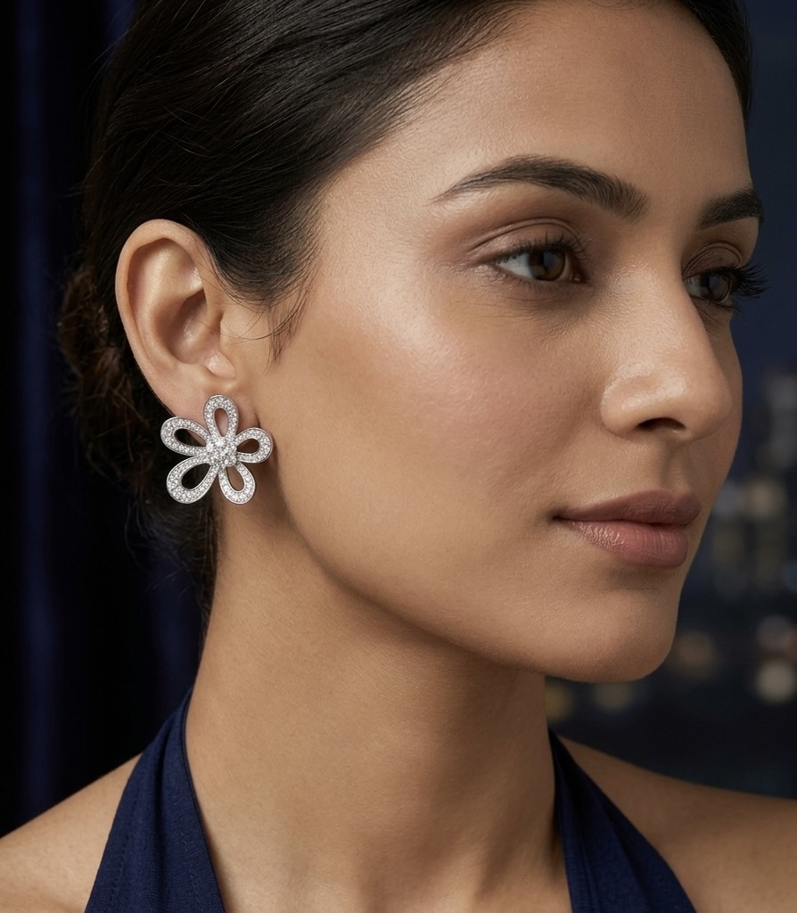 [E-FST-R-WT-076] Ruvaaya Crystal Open-Petal Floral Studs
