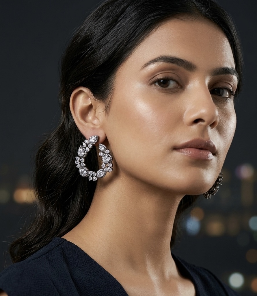 Pear & Marquise Dark Rhodium Cluster Crescent Studs