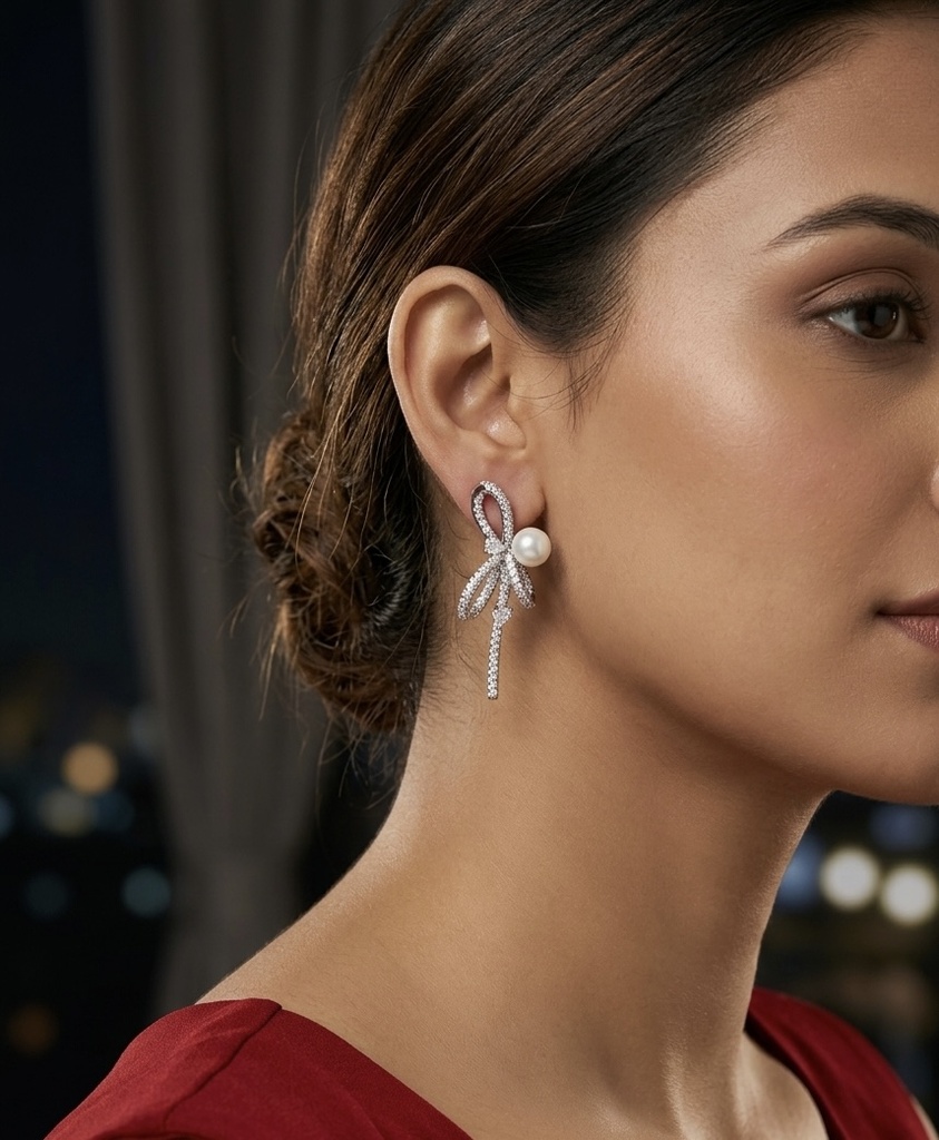 [E-SST-R-WT-096] Ruvaaya Royale Luminous Pearl Ribbon Studs
