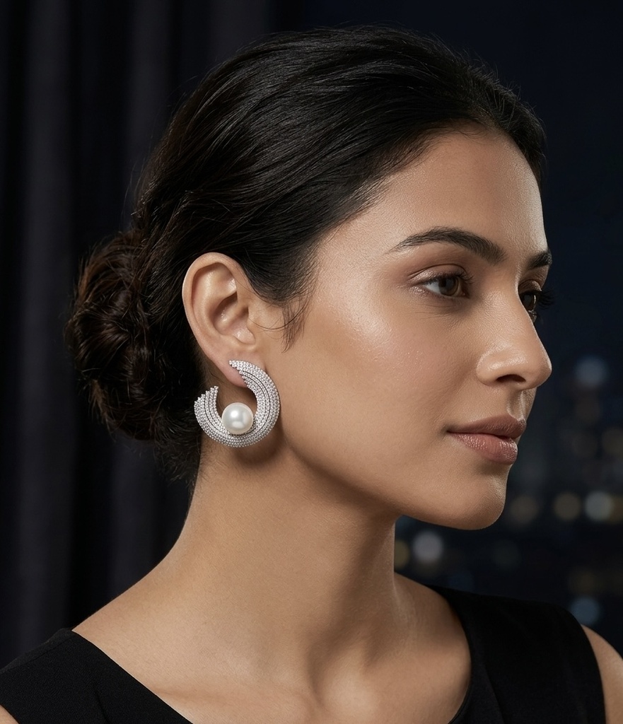 [E-SST-R-WT-086] Ruvaaya Aurelia Curved Pave Fan & Pearl Studs
