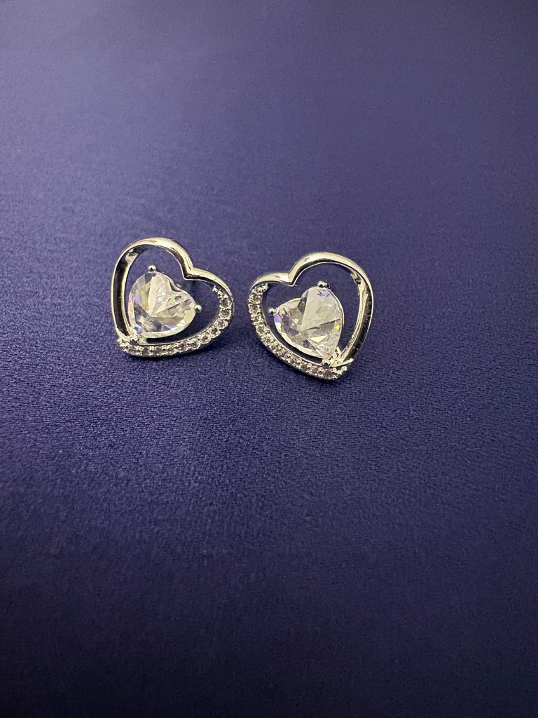 [E-ST-R-WT-107] Romantic Floating Heart Solitaire Stud Earrings with pave Halo (Silver)