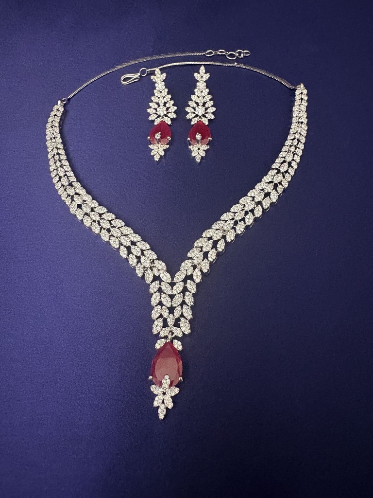 [N-PR-R-RB-164] Scarlet Empress Crimson Pear Ruby & Dual-Row Diamond Collar Set