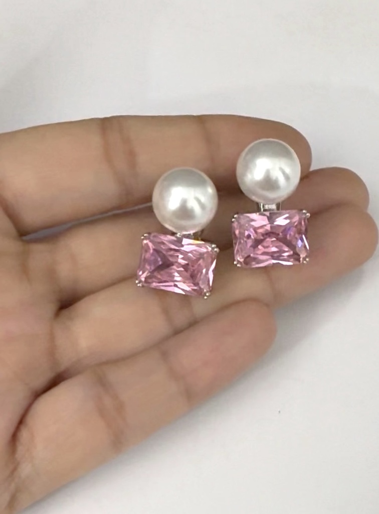 Pearl & Radiant-Cut Duo Studs (Pink)